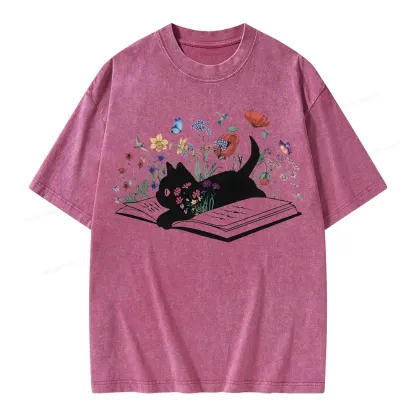 Pagewings Cute Book Cat Unisex Washed T-shirt