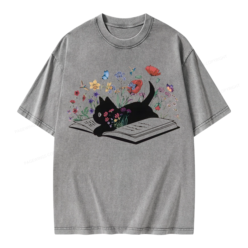 Pagewings Cute Book Cat Unisex Washed T-shirt