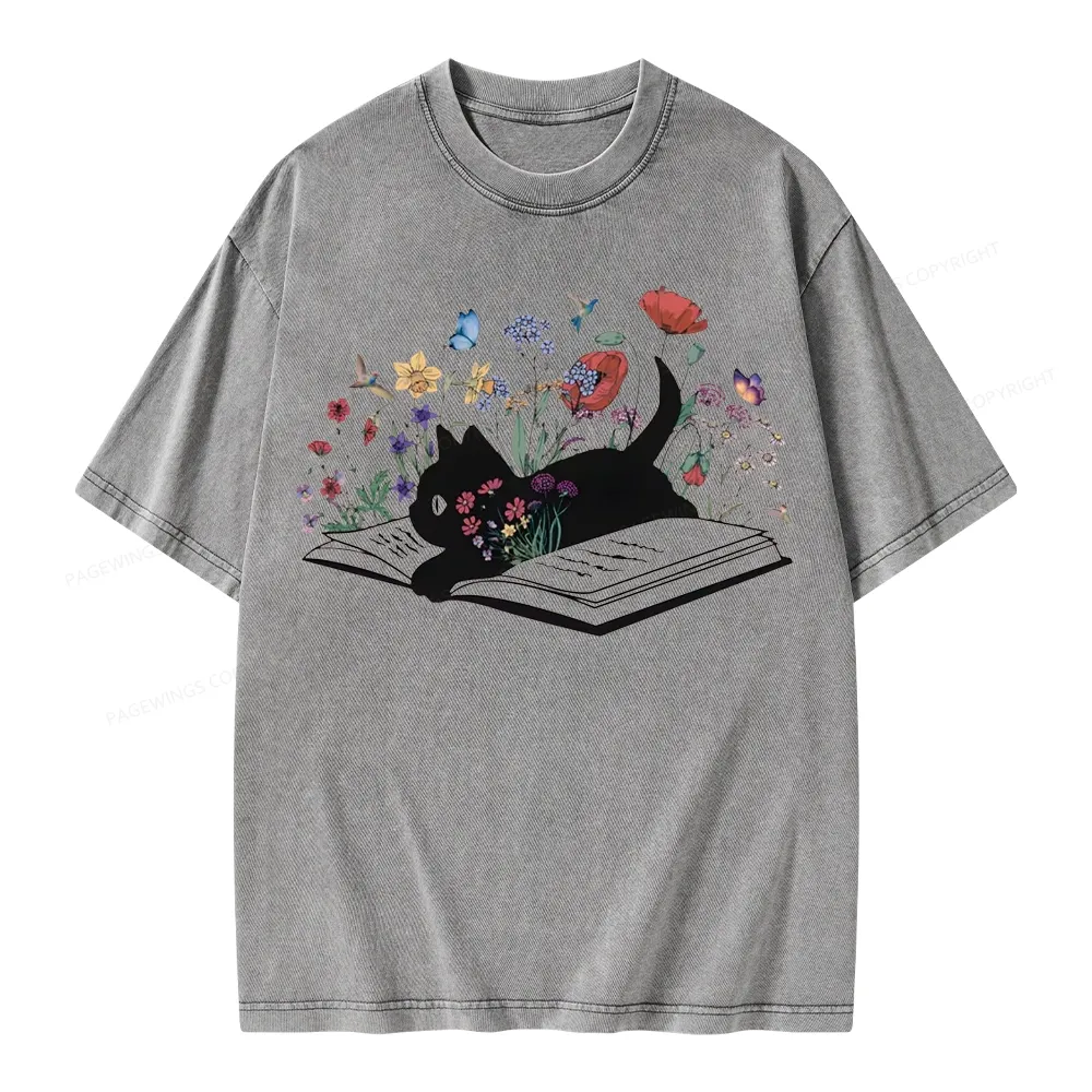 Pagewings Cute Book Cat Unisex Washed T-shirt