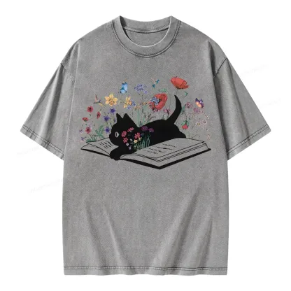 Pagewings Cute Book Cat Unisex Washed T-shirt