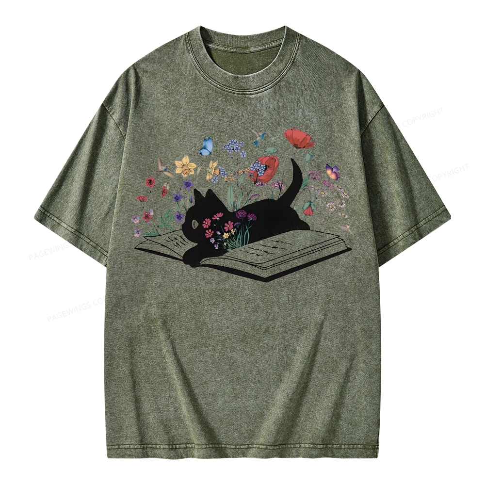 Pagewings Cute Book Cat Unisex Washed T-shirt