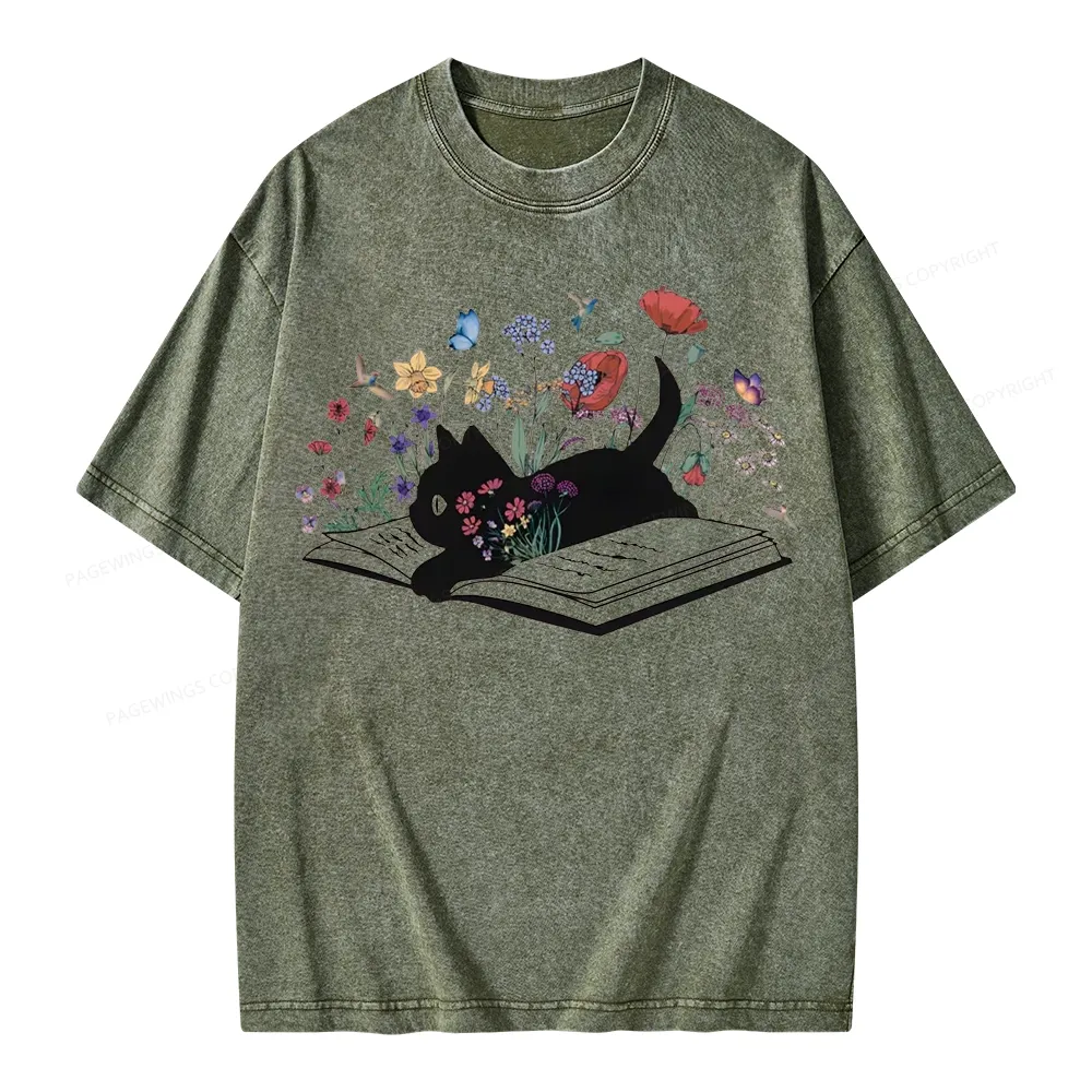 Pagewings Cute Book Cat Unisex Washed T-shirt