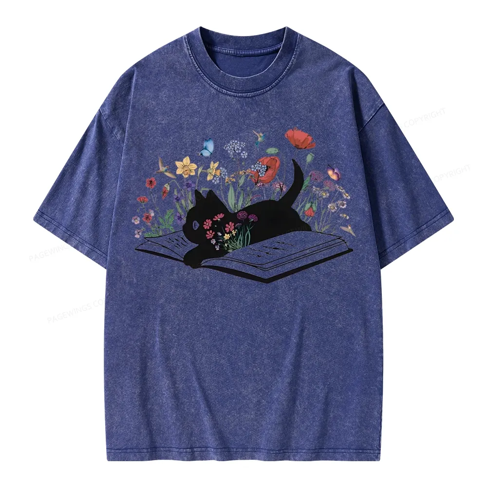 Pagewings Cute Book Cat Unisex Washed T-shirt
