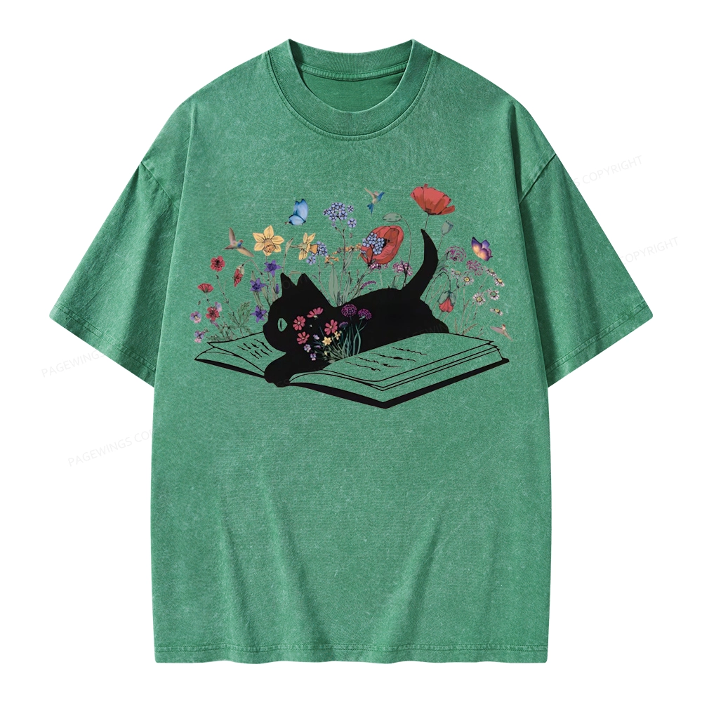 Pagewings Cute Book Cat Unisex Washed T-shirt