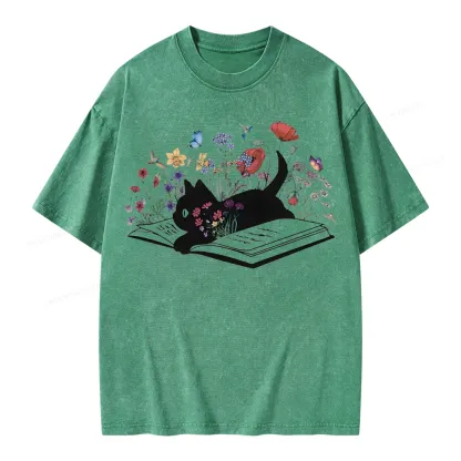 Pagewings Cute Book Cat Unisex Washed T-shirt