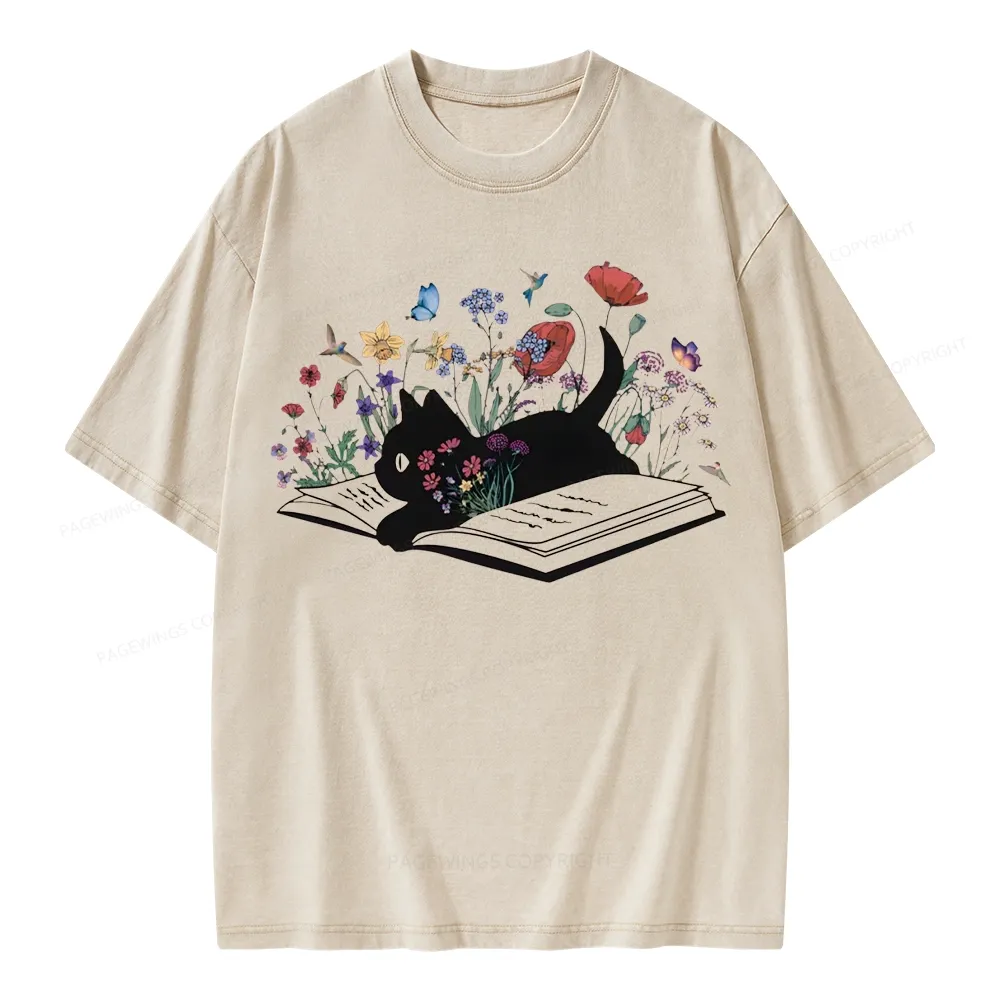 Pagewings Cute Book Cat Unisex Washed T-shirt