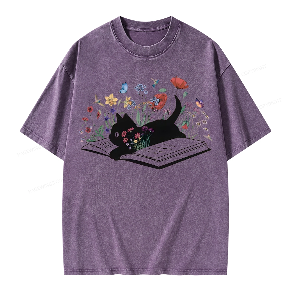 Pagewings Cute Book Cat Unisex Washed T-shirt