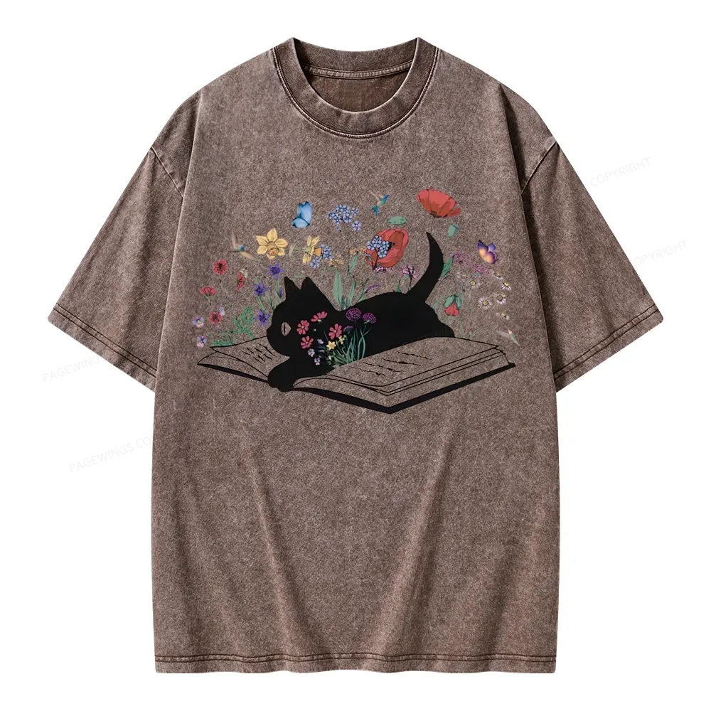 Pagewings Cute Book Cat Unisex Washed T-shirt