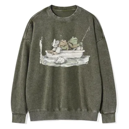 Pagewings Frog Reading Unisex Washed Sweatshirt
