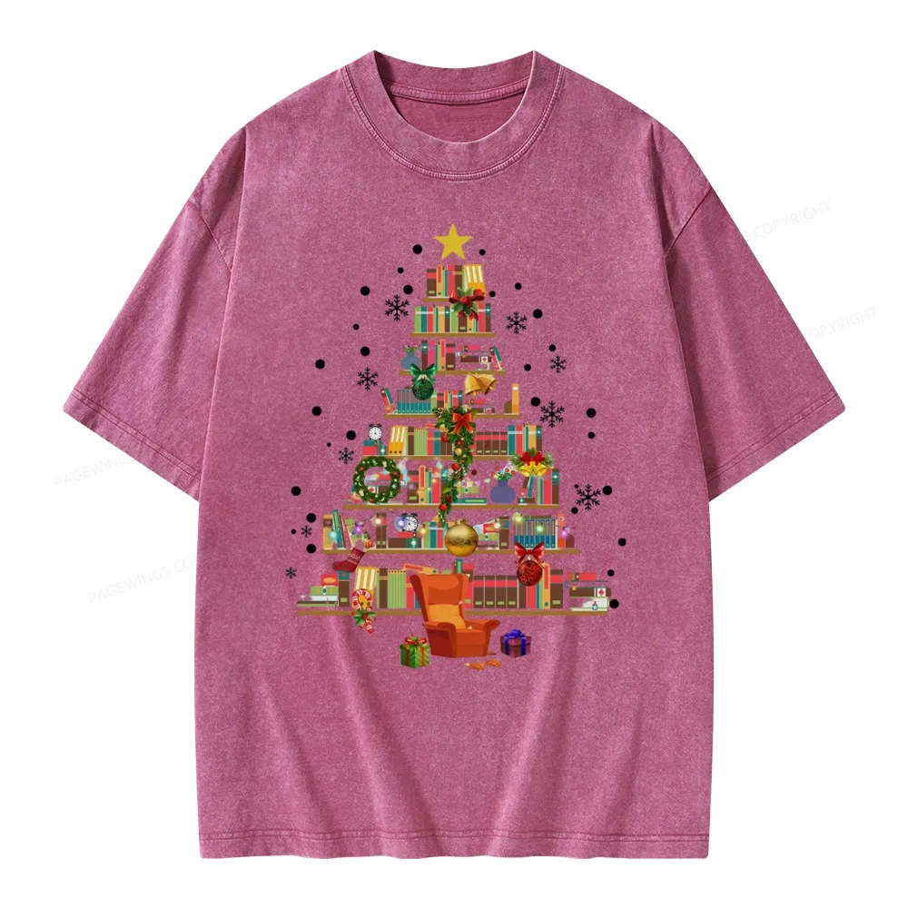Pagewings Christmas Tree Made Of Books Unisex Washed T-shirt