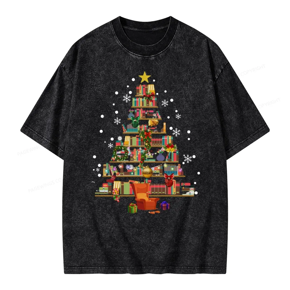 Pagewings Christmas Tree Made Of Books Unisex Washed T-shirt