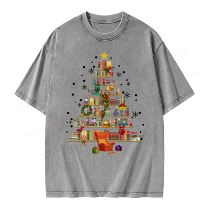 Pagewings Christmas Tree Made Of Books Unisex Washed T-shirt
