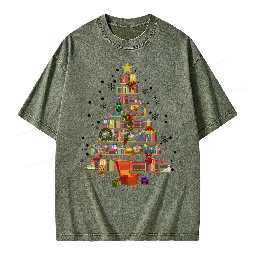 Pagewings Christmas Tree Made Of Books Unisex Washed T-shirt