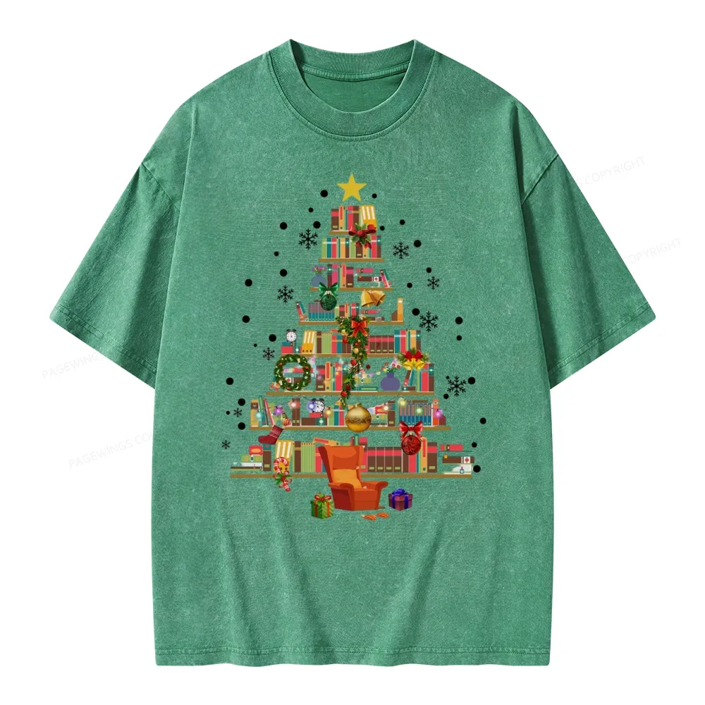Pagewings Christmas Tree Made Of Books Unisex Washed T-shirt