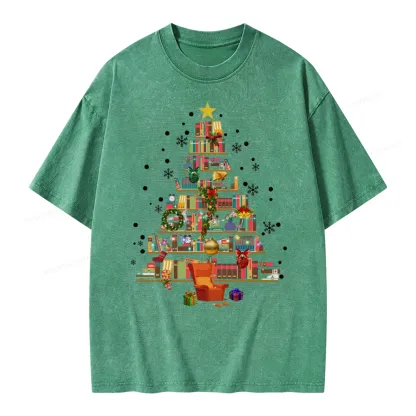Pagewings Christmas Tree Made Of Books Unisex Washed T-shirt