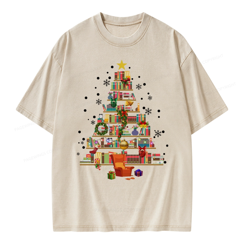 Pagewings Christmas Tree Made Of Books Unisex Washed T-shirt