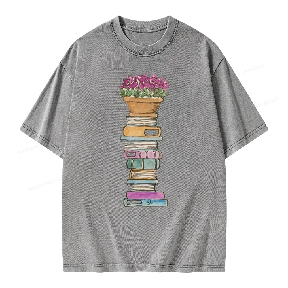 Pagewings Flower Pot and Books Unisex Washed T-shirt