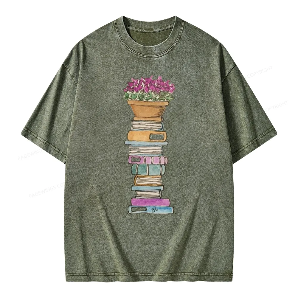 Pagewings Flower Pot and Books Unisex Washed T-shirt