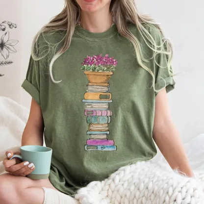 Pagewings Flower Pot and Books Unisex Washed T-shirt