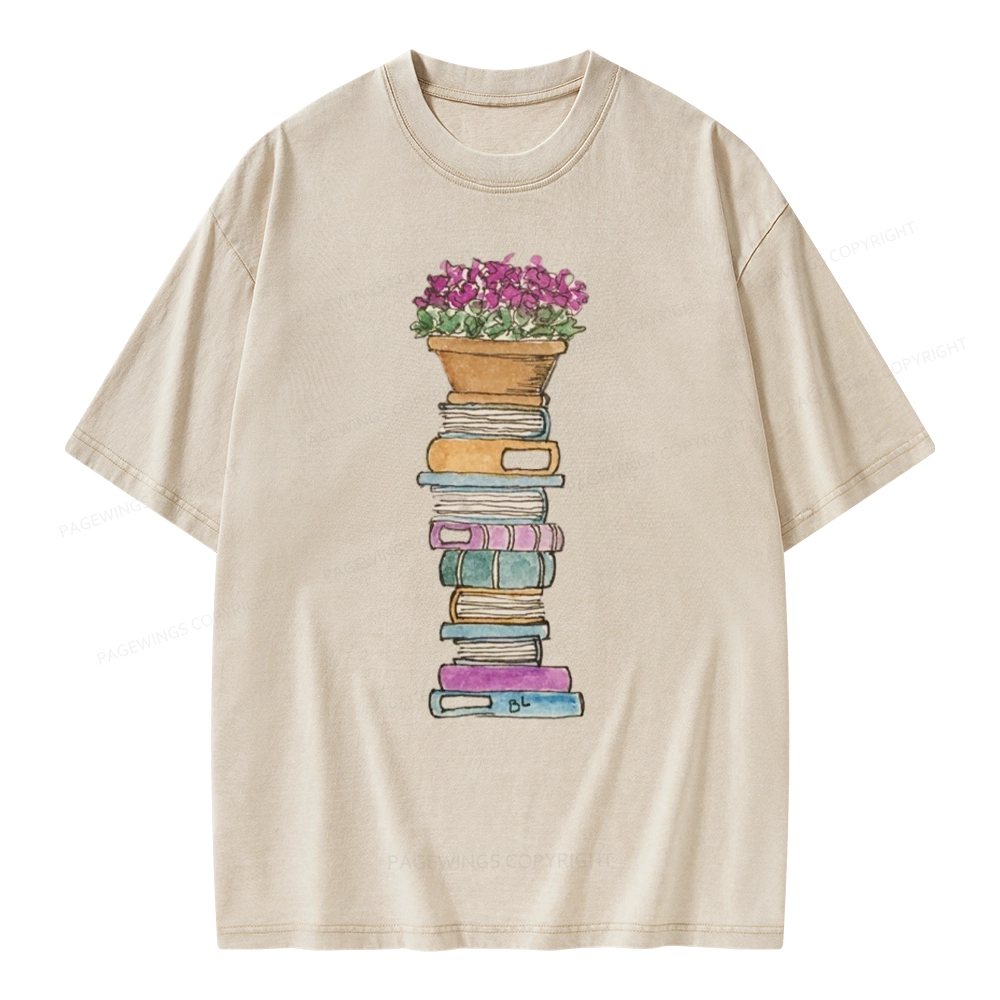 Pagewings Flower Pot and Books Unisex Washed T-shirt