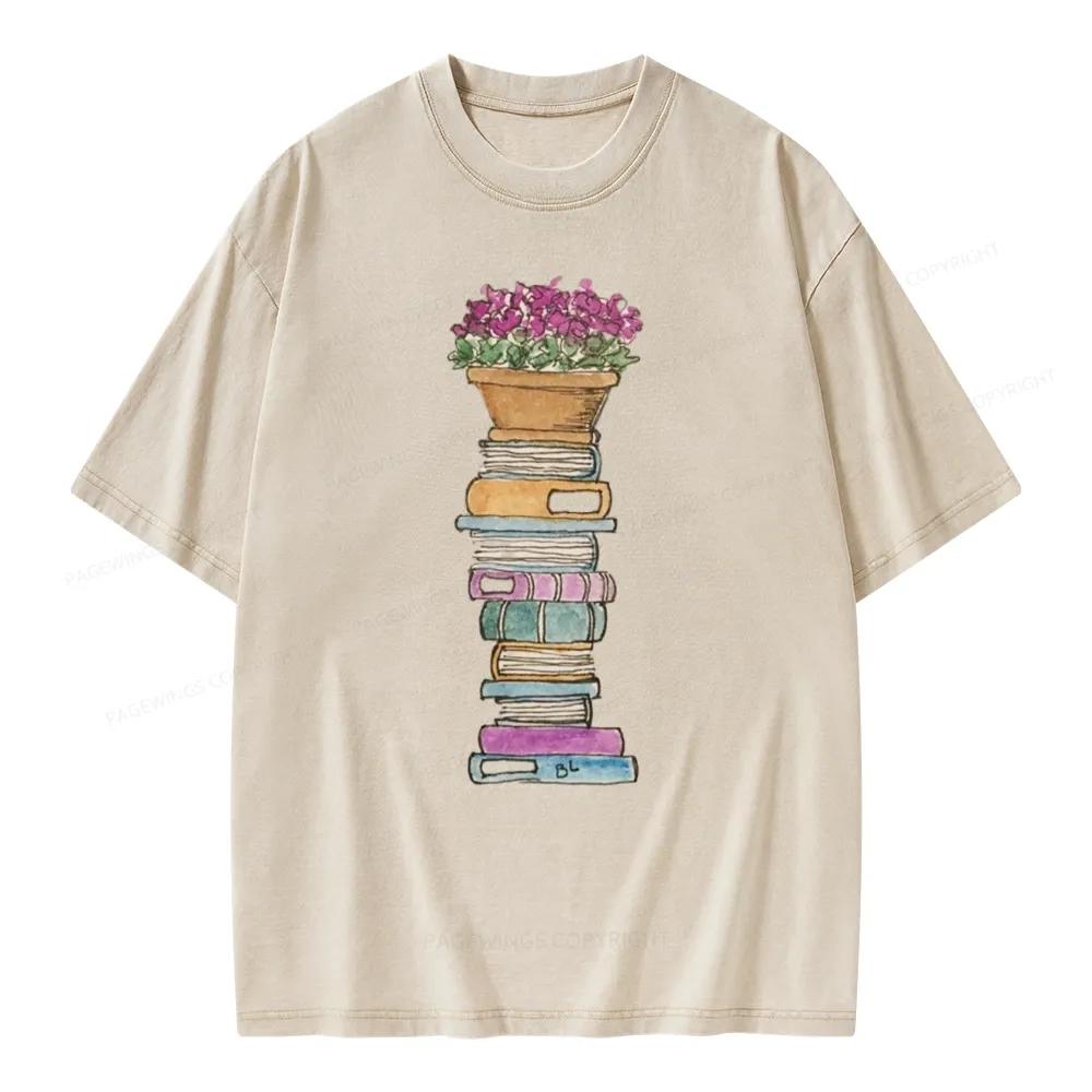 Pagewings Flower Pot and Books Unisex Washed T-shirt