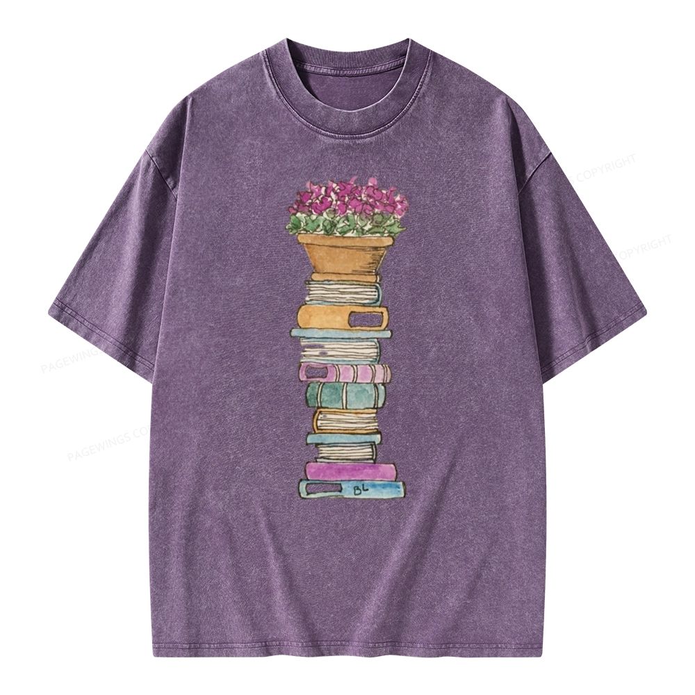 Pagewings Flower Pot and Books Unisex Washed T-shirt