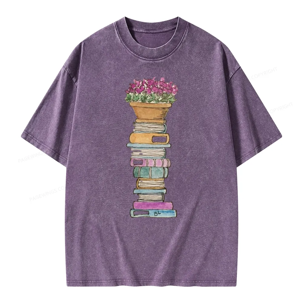 Pagewings Flower Pot and Books Unisex Washed T-shirt