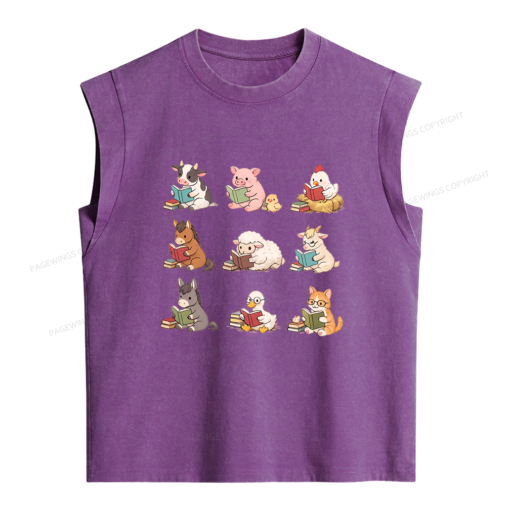 Pagewing Farm Animals Reading Women's Washed Tank Top