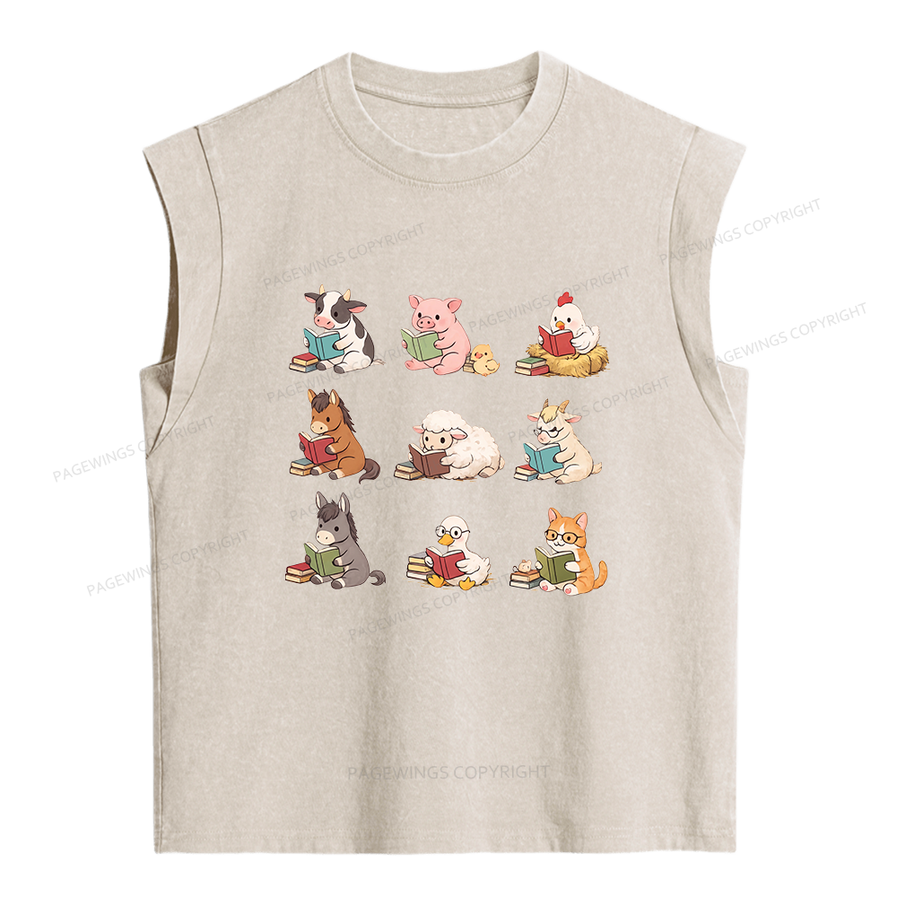 Pagewing Farm Animals Reading Women's Washed Tank Top