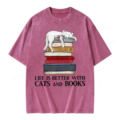 Pagewings Life Is Better With  Cats And Books Unisex Washed T-shirt