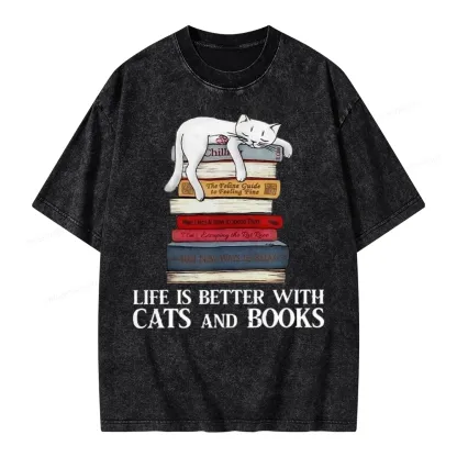 Pagewings Life Is Better With  Cats And Books Unisex Washed T-shirt