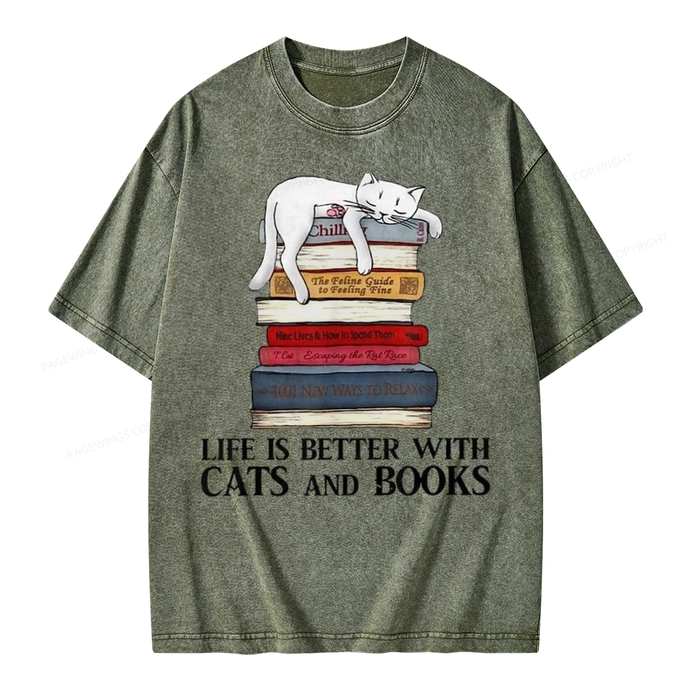 Pagewings Life Is Better With  Cats And Books Unisex Washed T-shirt