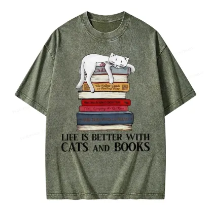 Pagewings Life Is Better With  Cats And Books Unisex Washed T-shirt