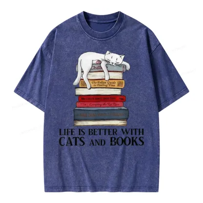 Pagewings Life Is Better With  Cats And Books Unisex Washed T-shirt