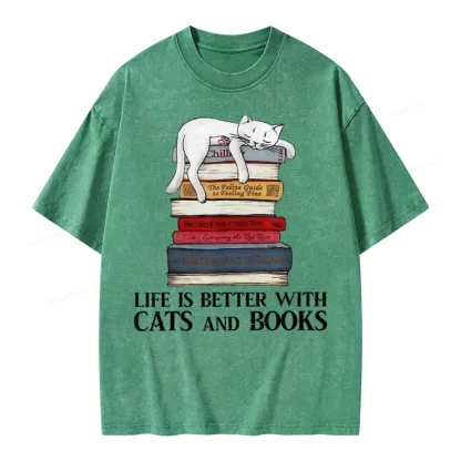 Pagewings Life Is Better With  Cats And Books Unisex Washed T-shirt