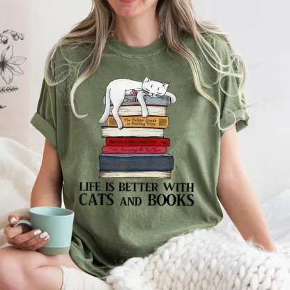 Pagewings Life Is Better With  Cats And Books Unisex Washed T-shirt