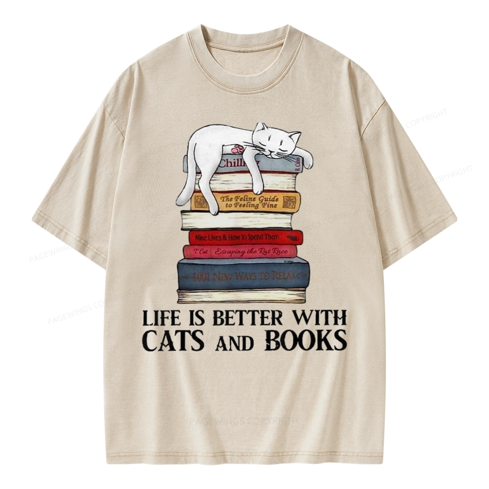 Pagewings Life Is Better With  Cats And Books Unisex Washed T-shirt