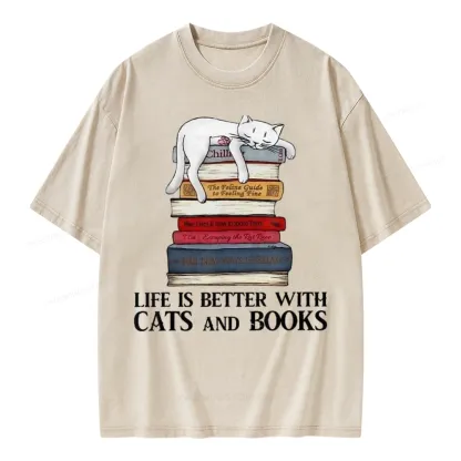 Pagewings Life Is Better With  Cats And Books Unisex Washed T-shirt