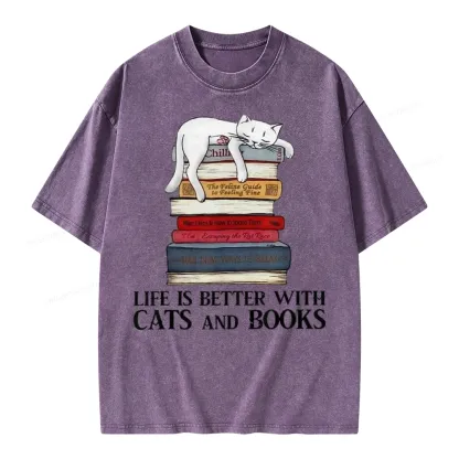 Pagewings Life Is Better With  Cats And Books Unisex Washed T-shirt