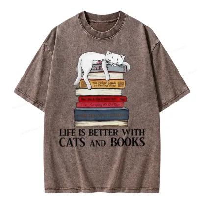 Pagewings Life Is Better With  Cats And Books Unisex Washed T-shirt