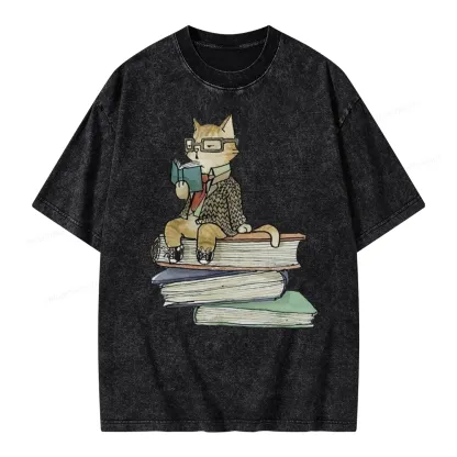 Pagewings Reading Cat Unisex Washed T-shirt