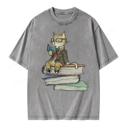 Pagewings Reading Cat Unisex Washed T-shirt