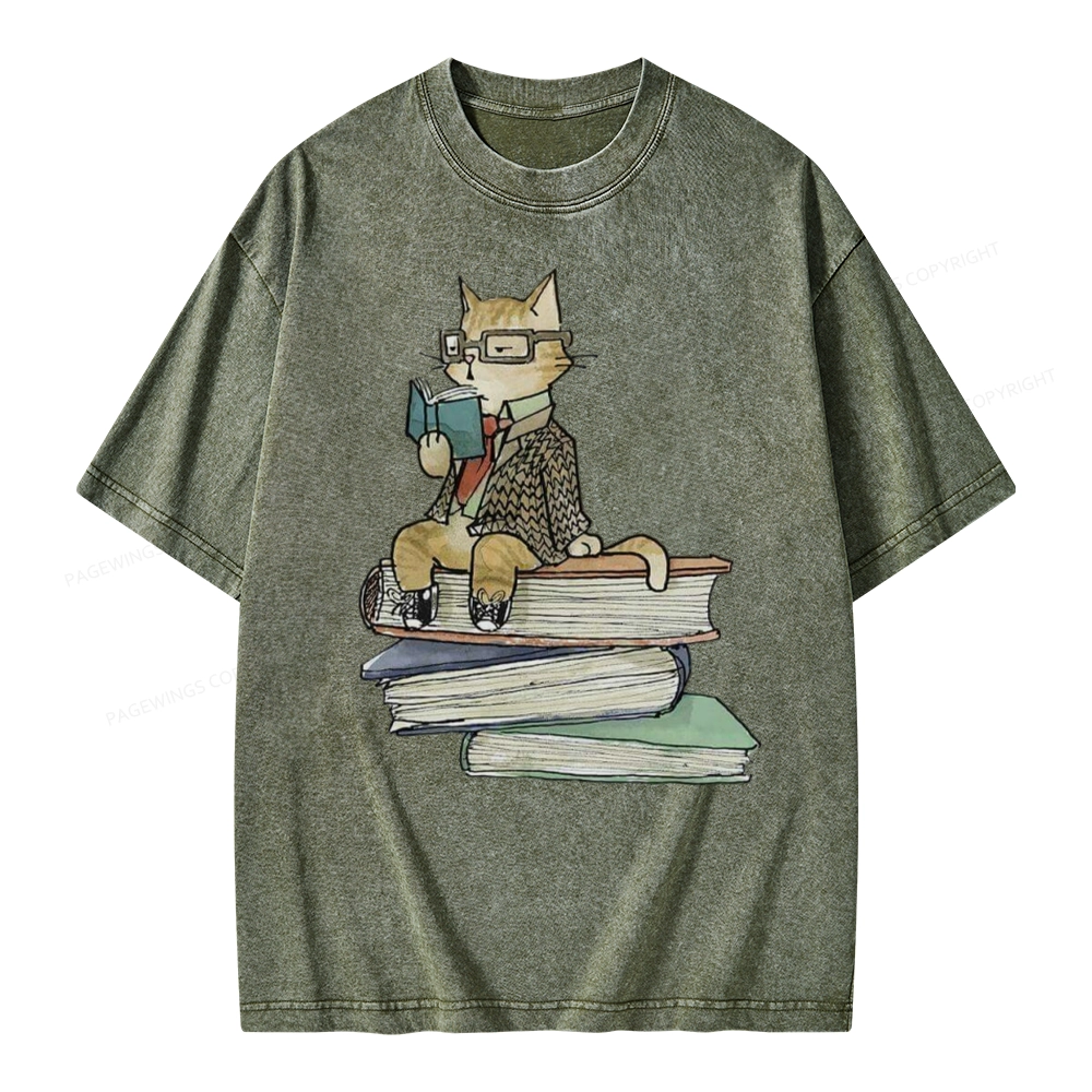 Pagewings Reading Cat Unisex Washed T-shirt