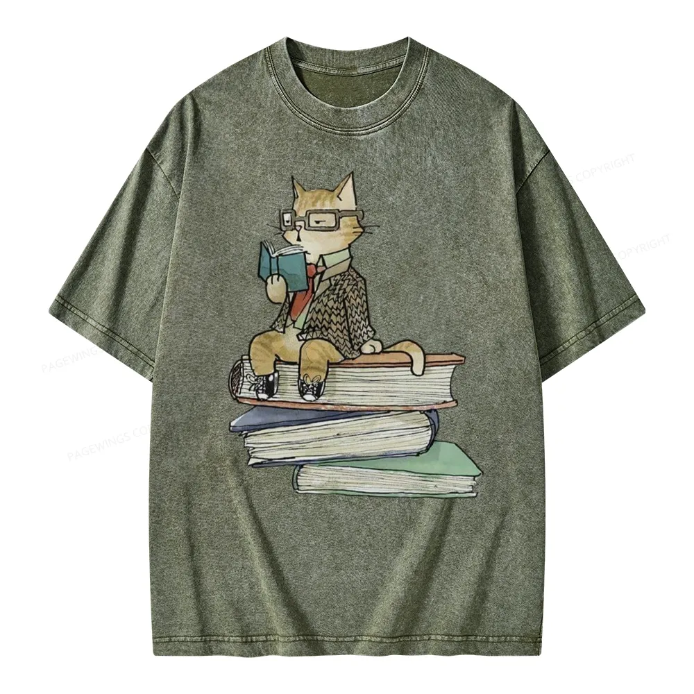 Pagewings Reading Cat Unisex Washed T-shirt