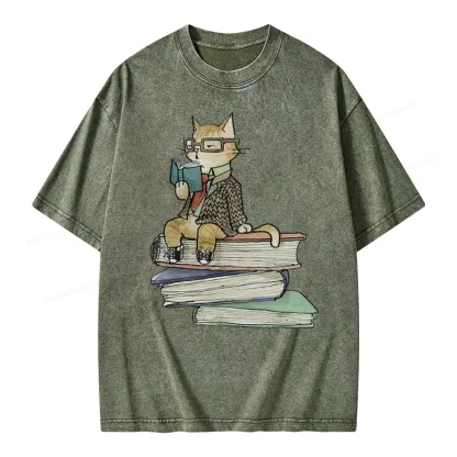 Pagewings Reading Cat Unisex Washed T-shirt
