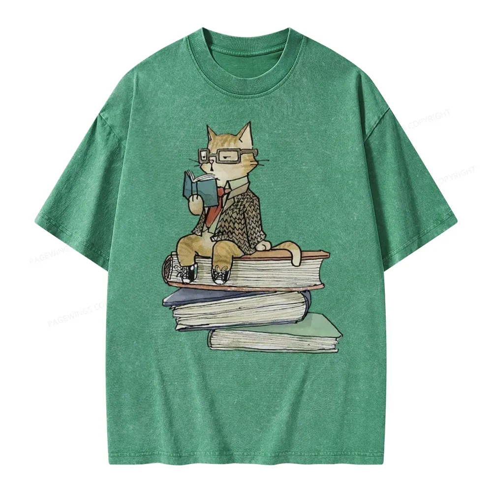 Pagewings Reading Cat Unisex Washed T-shirt