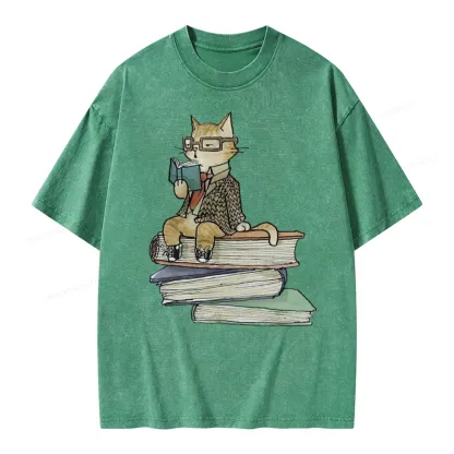 Pagewings Reading Cat Unisex Washed T-shirt