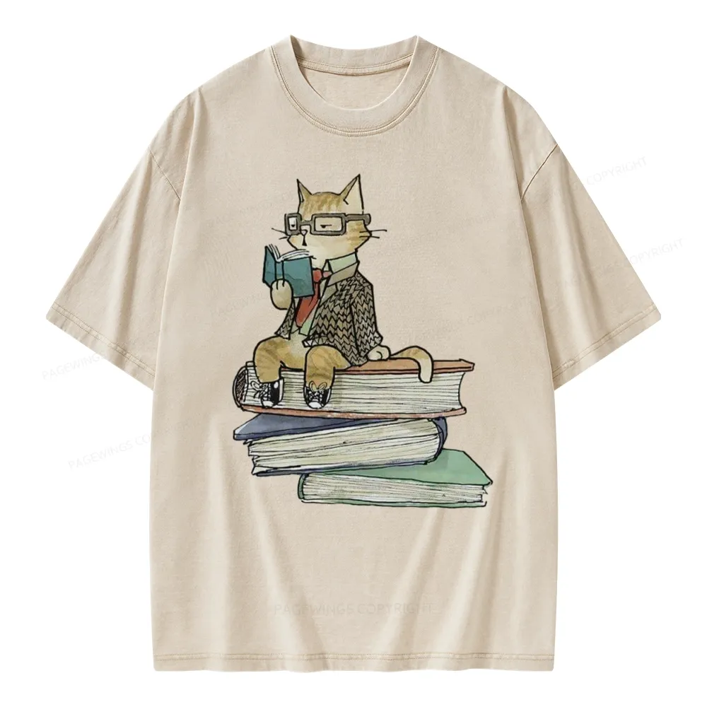 Pagewings Reading Cat Unisex Washed T-shirt