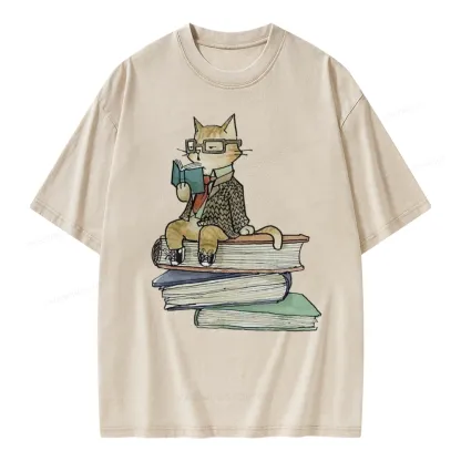 Pagewings Reading Cat Unisex Washed T-shirt