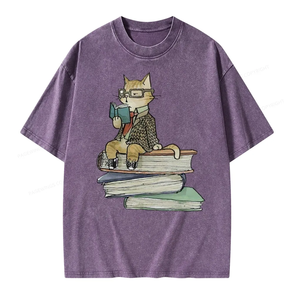 Pagewings Reading Cat Unisex Washed T-shirt